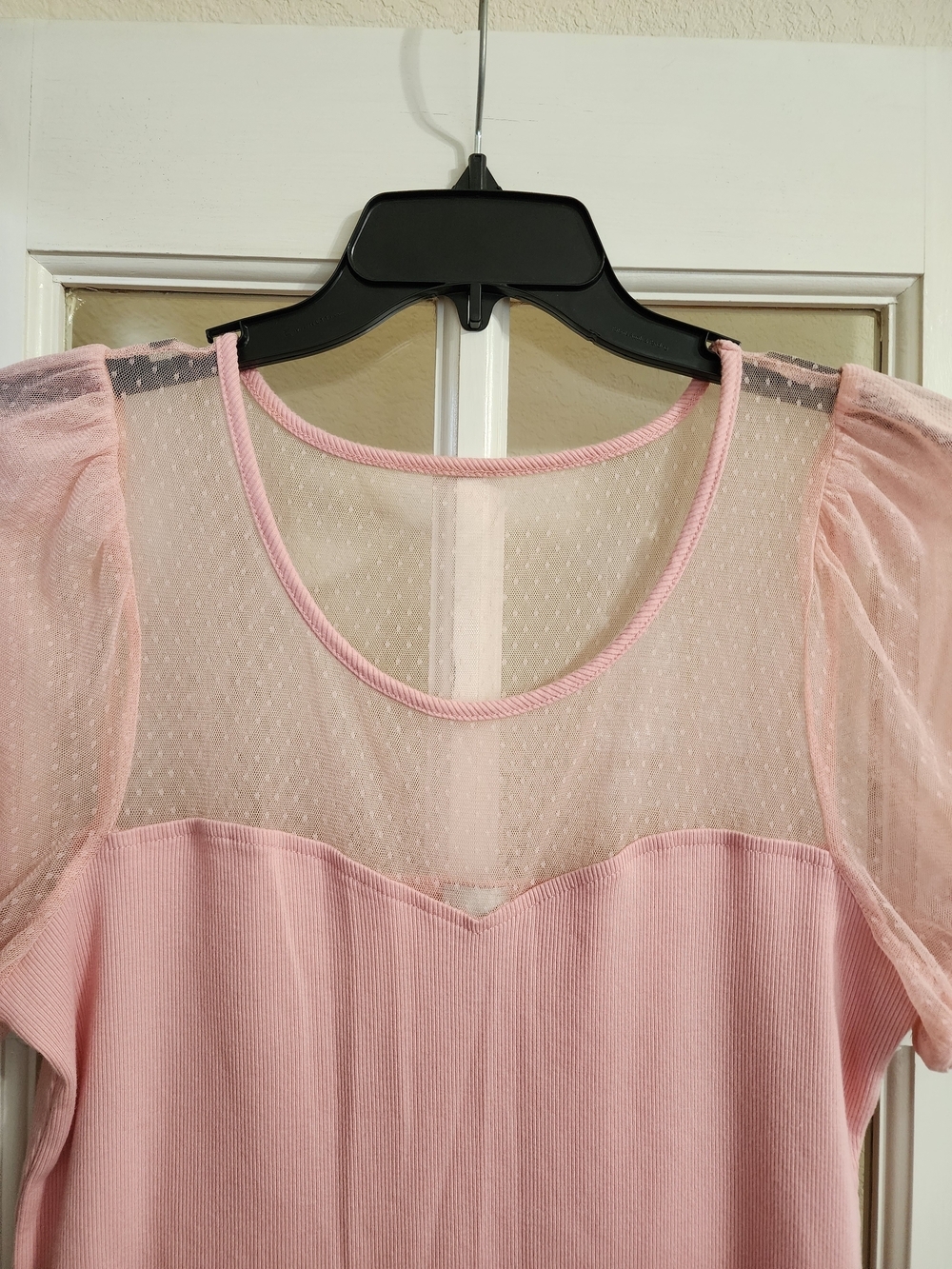 Maeve Anthropologie XL Pink Ribbed Mesh Puff Sleeve Swiss Dot Top - Picture 5 of 10